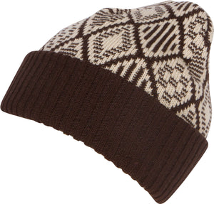 Lucien Pattern Knit Cap Beanie Hat, warm light unisex with kaleidoscope pattern, knit ribbed design in brown and cream.