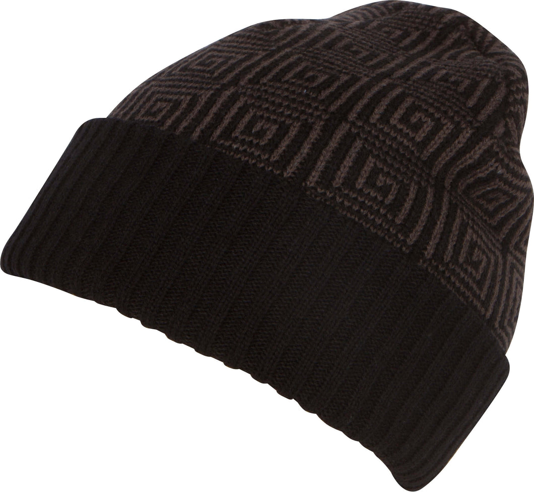 Lucien knit cap beanie hat in black with geometric pattern, warm and lightweight, made of acrylic.