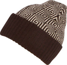 Charger l&#39;image dans la galerie, Brown Lucien knit ribbed beanie with kaleidoscope pattern, unisex, warm and lightweight, made of 100% acrylic.

