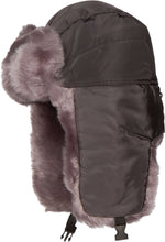 Charger l&#39;image dans la galerie, Martin aviator ushanka trapper hat with faux fur lining, adjustable fit, warm winter apparel with ear flaps in black and grey tones.
