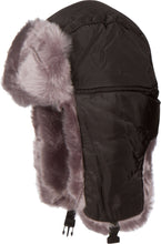 Charger l&#39;image dans la galerie, Black aviator trapper hat with faux fur lining, adjustable fit, and ear flaps.
