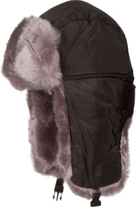 Black aviator trapper hat with faux fur lining, adjustable fit, and ear flaps.