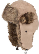 Load image into Gallery viewer, Morgan Unisex Faux Fur Trooper Hat in beige with brown faux fur lining, warm and stylish winter accessory for men and women.
