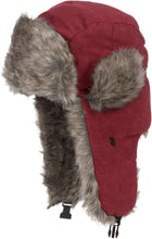 Load image into Gallery viewer, Morgan Unisex Faux Fur Trooper Hat in red with gray faux fur lining, featuring earflaps and adjustable chin strap for warmth and comfort.
