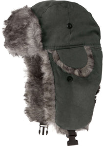 Morgan Unisex Faux Fur Trooper Hat in dark green with grey fur, warm and stylish winter headwear for men and women.