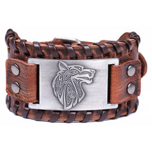 Load image into Gallery viewer, Vintage Wide Leather Woven Wolf Head Bracelet
