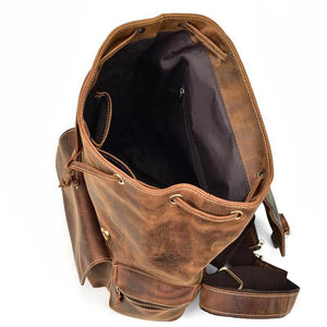 Open view of The Hagen Backpack | Vintage Leather Backpack with spacious interior, showcasing genuine cowhide leather and durable design.