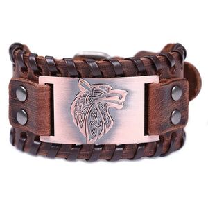 Vintage Wide Leather Woven Wolf Head Bracelet