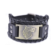 Load image into Gallery viewer, Vintage Wide Leather Woven Wolf Head Bracelet
