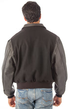 Charger l&#39;image dans la galerie, Back view of REED Executive Varsity Jacket with leather cowhide sleeves and wool body, union made in USA, worn by model.
