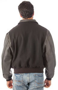 Back view of REED Executive Varsity Jacket with leather cowhide sleeves and wool body, union made in USA, worn by model.