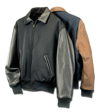 Charger l&#39;image dans la galerie, Executive varsity jacket with leather cowhide sleeves and wool body, union made in USA, showcasing a modern twist on a classic design.
