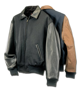 Executive varsity jacket with leather cowhide sleeves and wool body, union made in USA, showcasing a modern twist on a classic design.