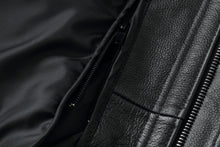 Load image into Gallery viewer, Close-up of REED Men&#39;s genuine leather bomber jacket with zipper detailing and soft inner lining.

