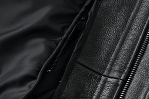 Close-up of REED Men's genuine leather bomber jacket with zipper detailing and soft inner lining.