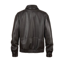 Load image into Gallery viewer, Back view of REED Men&#39;s American Style Bomber Genuine Leather Jacket showcasing sleek design and luxurious feel.
