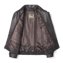 Load image into Gallery viewer, REED Men&#39;s American style bomber genuine leather jacket, open view showing interior lining and REED label, luxurious and durable design.
