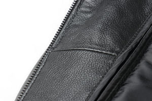 Close-up of REED Men's bomber jacket showing genuine leather texture and sleek design.