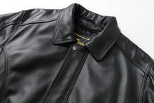 Load image into Gallery viewer, REED Men&#39;s American Style Bomber Genuine Leather Jacket, black, close-up view showing luxury and design details.
