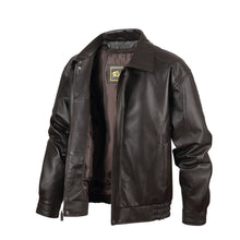 Load image into Gallery viewer, REED Men&#39;s American Style Bomber Genuine Leather Jacket - Imported, classic bomber design in dark leather, open front view
