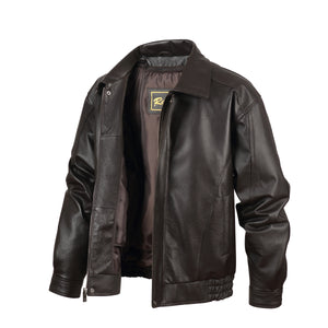 REED Men's American Style Bomber Genuine Leather Jacket - Imported, classic bomber design in dark leather, open front view