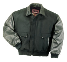 Charger l&#39;image dans la galerie, REED men&#39;s leather varsity bomber jacket with wool body and leather sleeves. Made in USA. Classic style, top-grain leather, mid-weight design.
