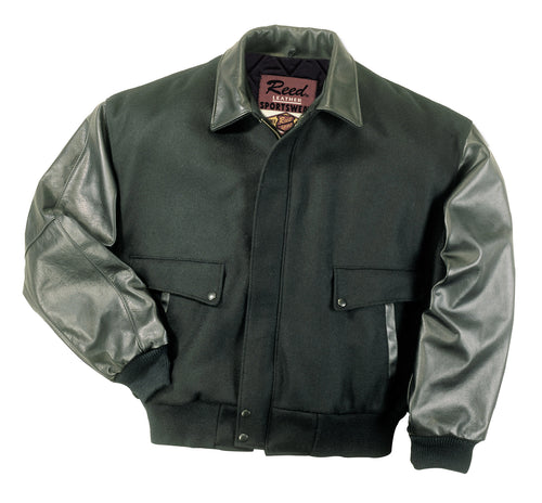 REED men's leather varsity bomber jacket with wool body and leather sleeves. Made in USA. Classic style, top-grain leather, mid-weight design.