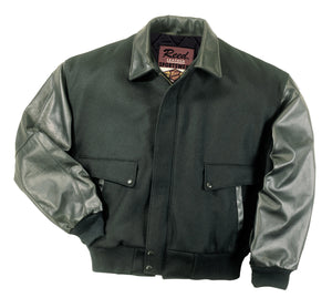 REED men's leather varsity bomber jacket with wool body and leather sleeves. Made in USA. Classic style, top-grain leather, mid-weight design.