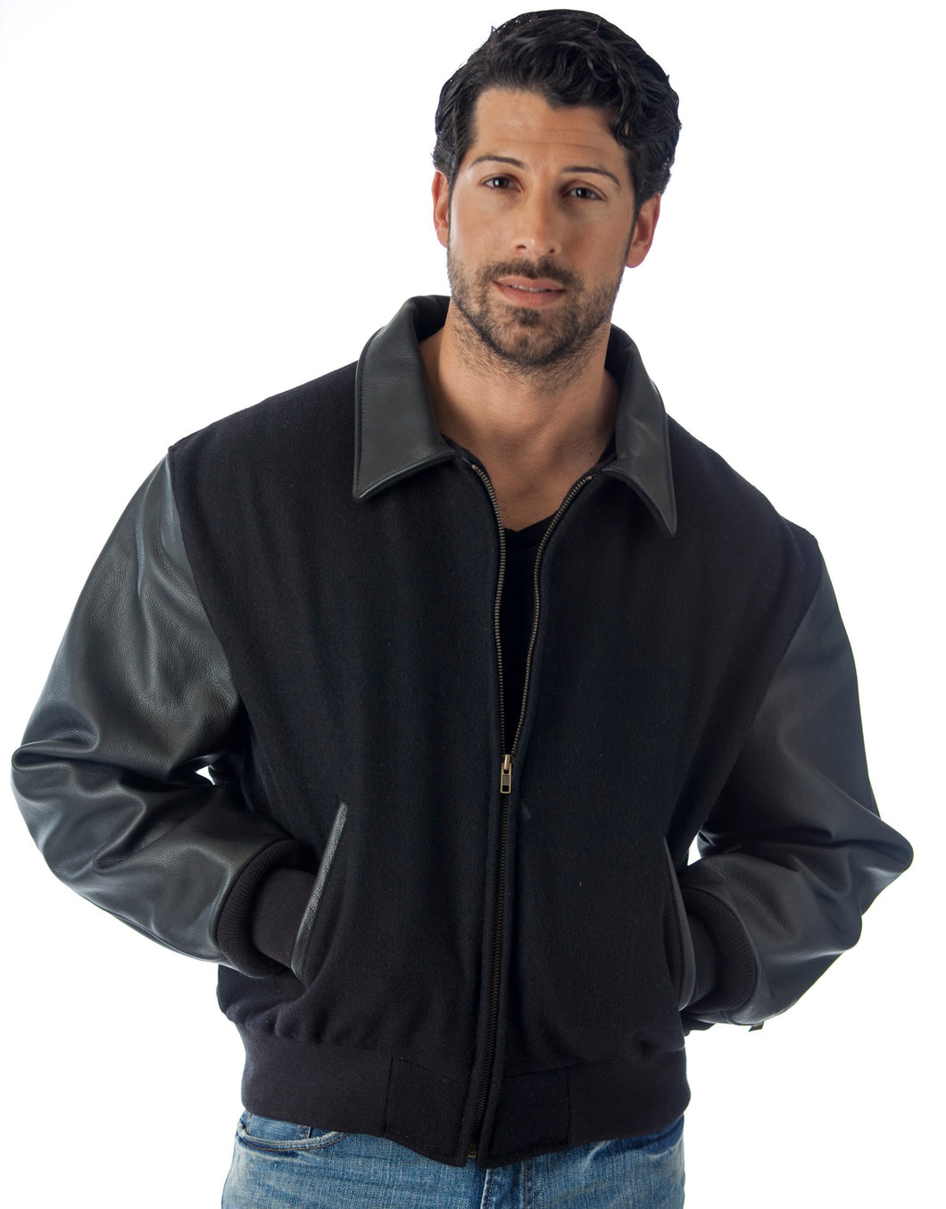 REED Men's Executive Varsity Jacket with cowhide leather sleeves and wool body, union-made in the USA, worn by a model.