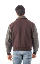 Charger l&#39;image dans la galerie, Back view of a man&#39;s leather varsity bomber jacket with wool and leather design, made in USA by REED.
