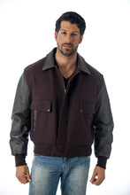 Charger l&#39;image dans la galerie, Men&#39;s REED leather varsity bomber jacket with wool body and leather sleeves, crafted in the USA for timeless style and quality.
