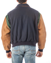 Charger l&#39;image dans la galerie, Back view of REED Men&#39;s Premium Leather Letterman Varsity Jacket in blue, made in the USA, showcasing quality craftsmanship.
