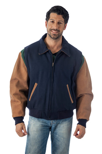 REED Men's blue leather letterman varsity jacket, USA-made, showcasing sophisticated design and premium quality for stylish gentlemen.