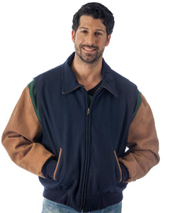 REED Men's Blue Leather Letterman Varsity Jacket, premium quality, handcrafted in USA, stylish and sophisticated outerwear.