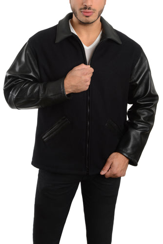 Leather sleeves and wool body zipped up jacket