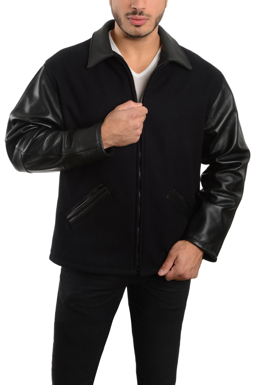 Leather sleeves and wool body zipped up jacket
