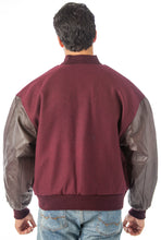 Charger l&#39;image dans la galerie, Back view of REED Men&#39;s Premium Varsity Leather/Wool Jacket in burgundy, showcasing quality craftsmanship and classic style.
