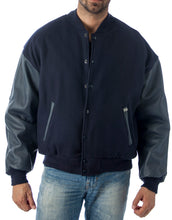 Charger l&#39;image dans la galerie, Alt Tag: REED Men&#39;s Premium Varsity Jacket, leather and wool, crafted in USA, classic style, quilted lining, shown on model.

