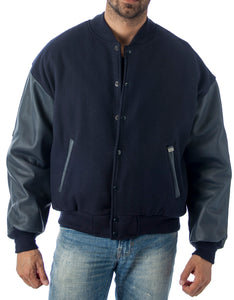 Alt Tag: REED Men's Premium Varsity Jacket, leather and wool, crafted in USA, classic style, quilted lining, shown on model.