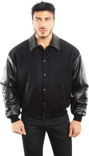 Charger l&#39;image dans la galerie, REED Men&#39;s Premium Varsity Jacket in leather and wool, black, made in USA, featuring quilted lining and inside pocket.
