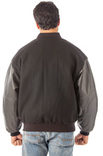 Charger l&#39;image dans la galerie, REED Men&#39;s Varsity Leather/Wool Jacket, classic black design, made in USA, premium quality, back view
