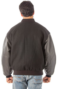 REED Men's Varsity Leather/Wool Jacket, classic black design, made in USA, premium quality, back view