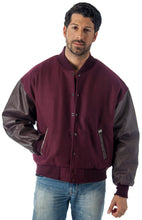 Charger l&#39;image dans la galerie, REED Men&#39;s Varsity Jacket in maroon and leather, crafted in the USA, stylish and warm for versatile wear.
