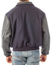 Charger l&#39;image dans la galerie, Back view of a REED men&#39;s leather varsity bomber jacket with wool body and leather sleeves, made in USA.
