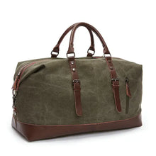Load image into Gallery viewer, Retro large capacity canvas travel bag for men and women, featuring European and American vintage style, 20-35L, green with leather accents.
