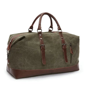Retro large capacity canvas travel bag for men and women, featuring European and American vintage style, 20-35L, green with leather accents.