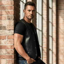 Load image into Gallery viewer, Man leaning against a brick wall in a sunlit room with large windows.
