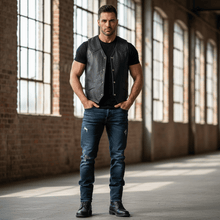 Load image into Gallery viewer, REED Men&#39;s Soft Durable Motorcycle Leather Vest Black, 2 Inside Pockets - Imported
