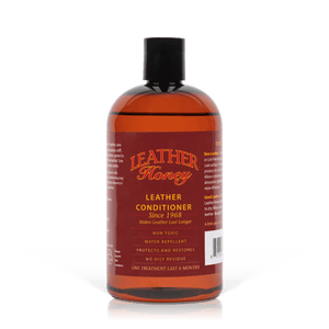 Leather Conditioner bottle to soften, protect, and restore various leather items, excluding suede. Non-toxic formula for long-lasting leather care.