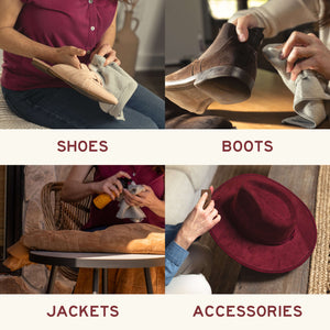 Suede & Nubuck Cleaner used on shoes, boots, jackets, and accessories for effective stain removal and gentle cleaning.